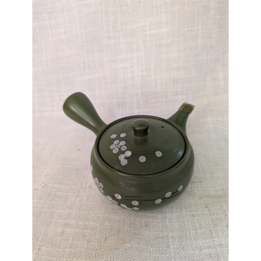 Traditional Japanese Kyusu Teapot Ceramic Green with Floral Design